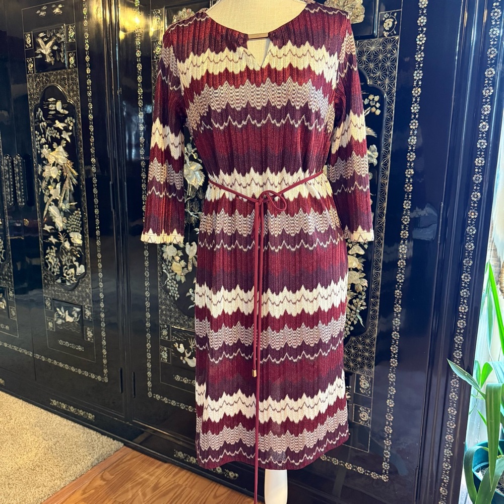 Striped Burgundy & Cream Knit Midi Dress